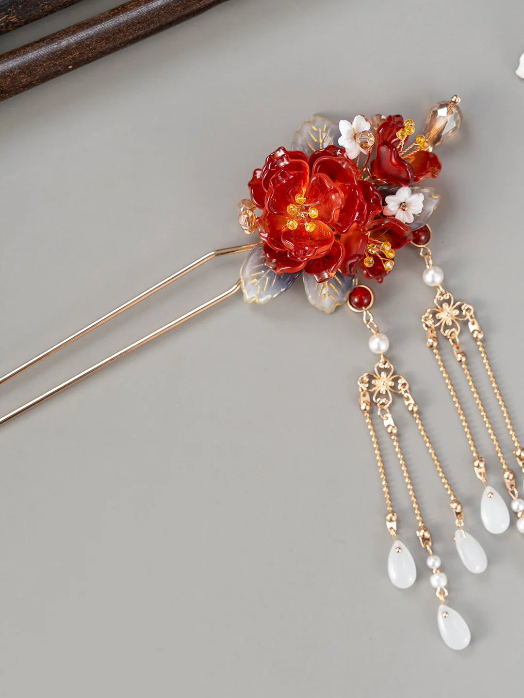 Festive Red Blossom Hair Accessories Hanfu Hairpin & Tassel Set for Traditional Hairstyles