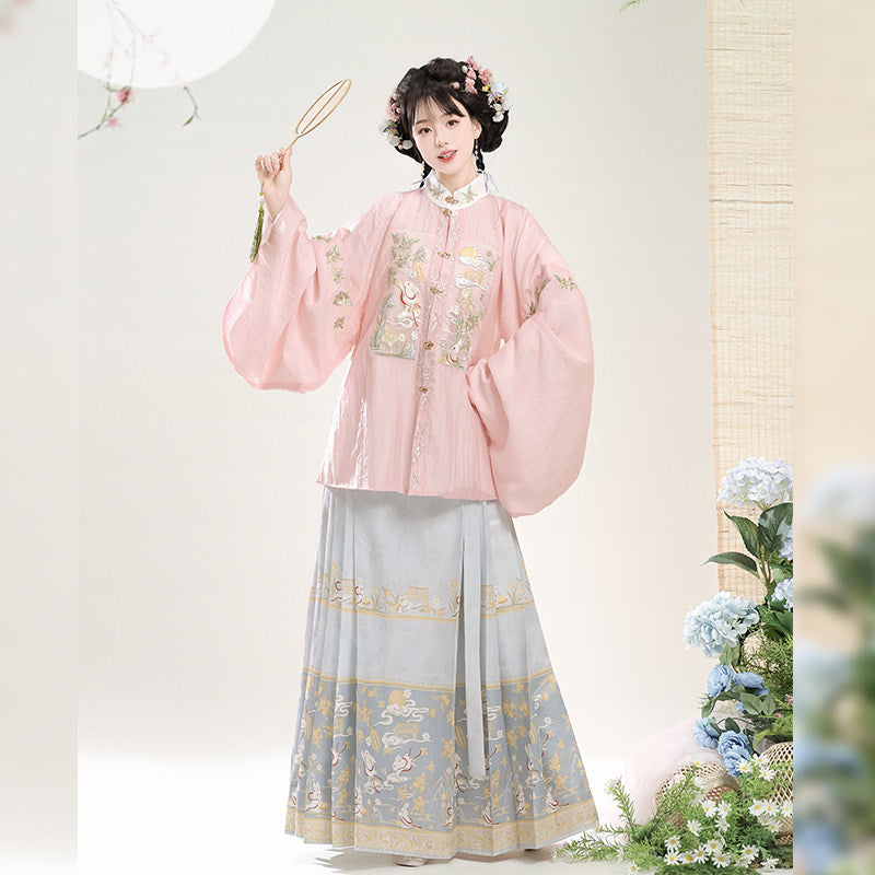 Ming Dynasty Pastel Embroidered Pipa Sleeve Top & Printed Mamian Skirt | Osmanthus Rabbit 桂花兔
