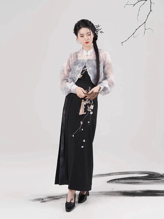 Song Dynasty Modern Hanfu Set with Spiral Skirt - Night Plum Window 暗梅窗夜 (Preorder)