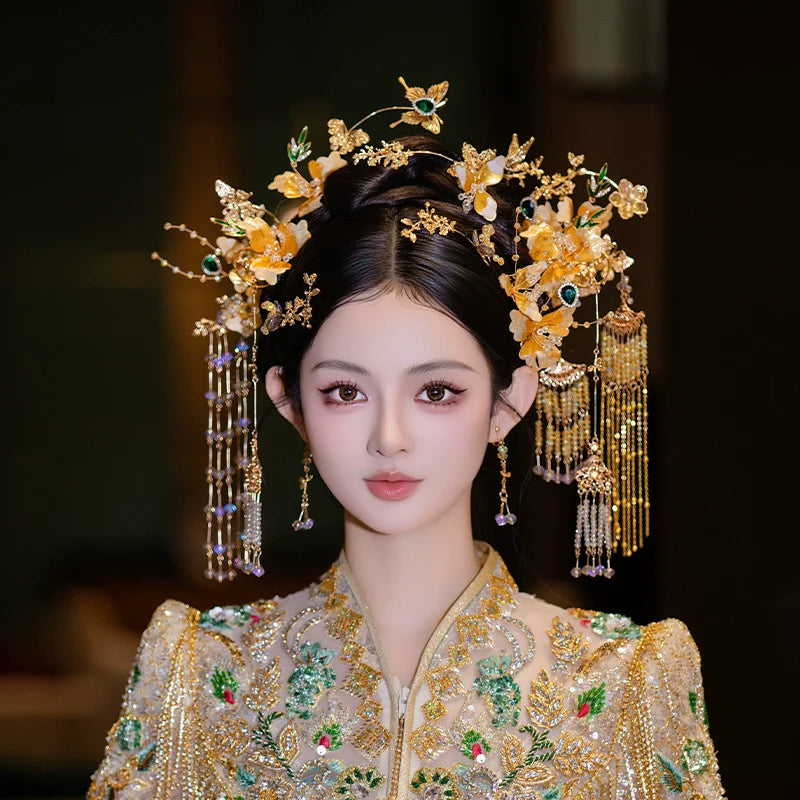 Radiance - Golden Floral Tassel Bridal Hairpin Elegant Fairy-Inspired Hanfu and Qipao Wedding Hair Accessory