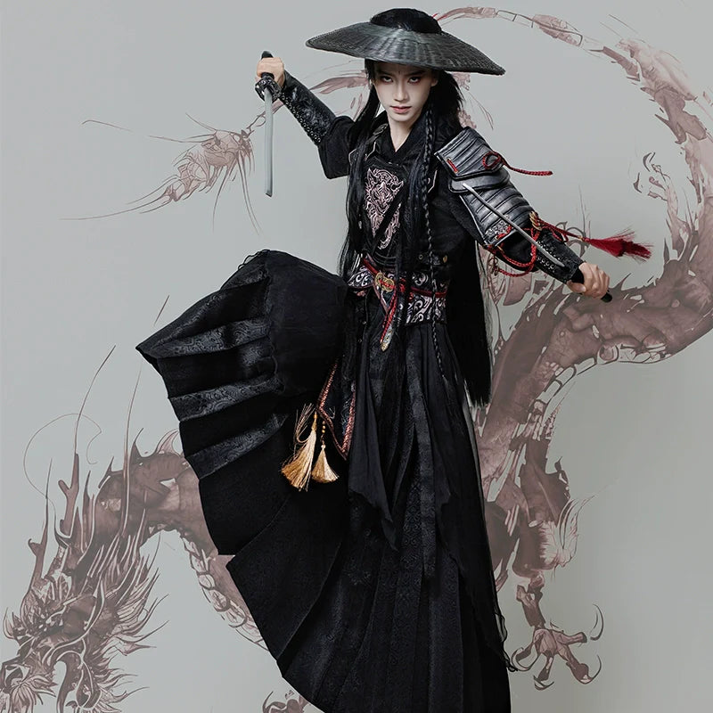 Burning Night 焚夜 - Red and Black Cross-Collar Hanfu Set, Wuxia Style Warrior Robe with Literary & Martial Sleeves (Preorder)