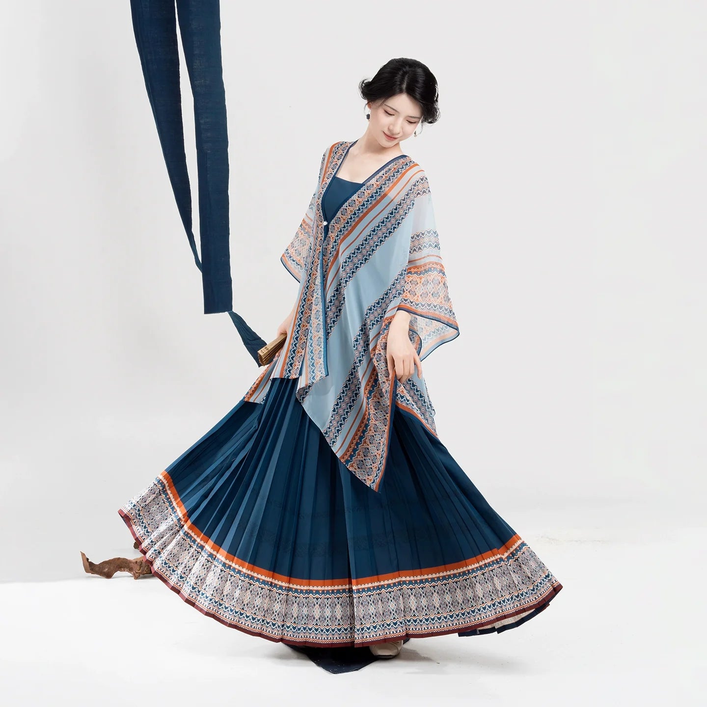 New Chinese Style Women Dong Ethnic Bird-Motif Light Blue Shawl & Pleated Slip Dress - To The Clouds 赴云端 (Preorder)