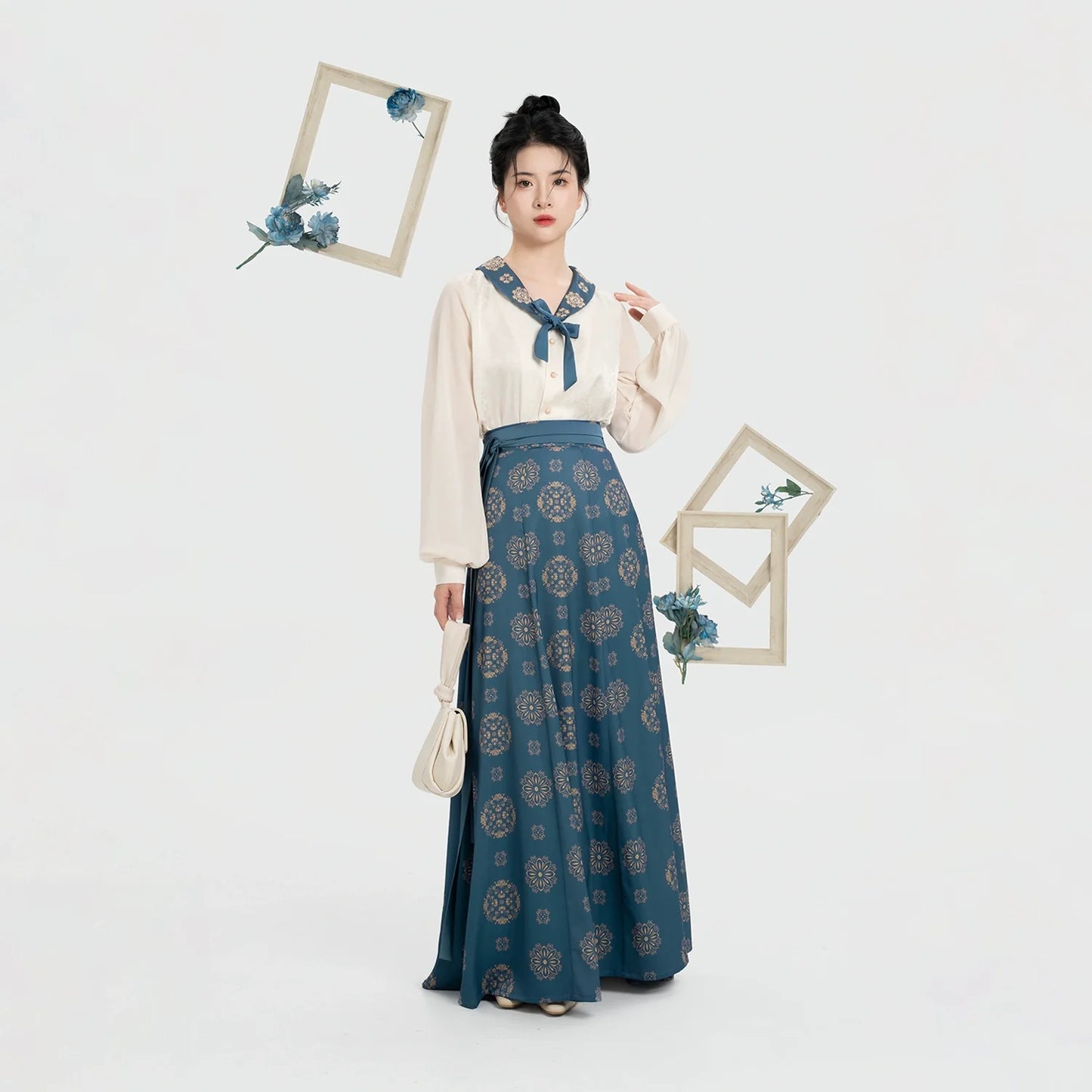 Tang Dynasty Modern Hanfu Set with Beizi Overlay & Flowing Nine-Panel Skirt - Dailan 黛蓝 (Preorder)