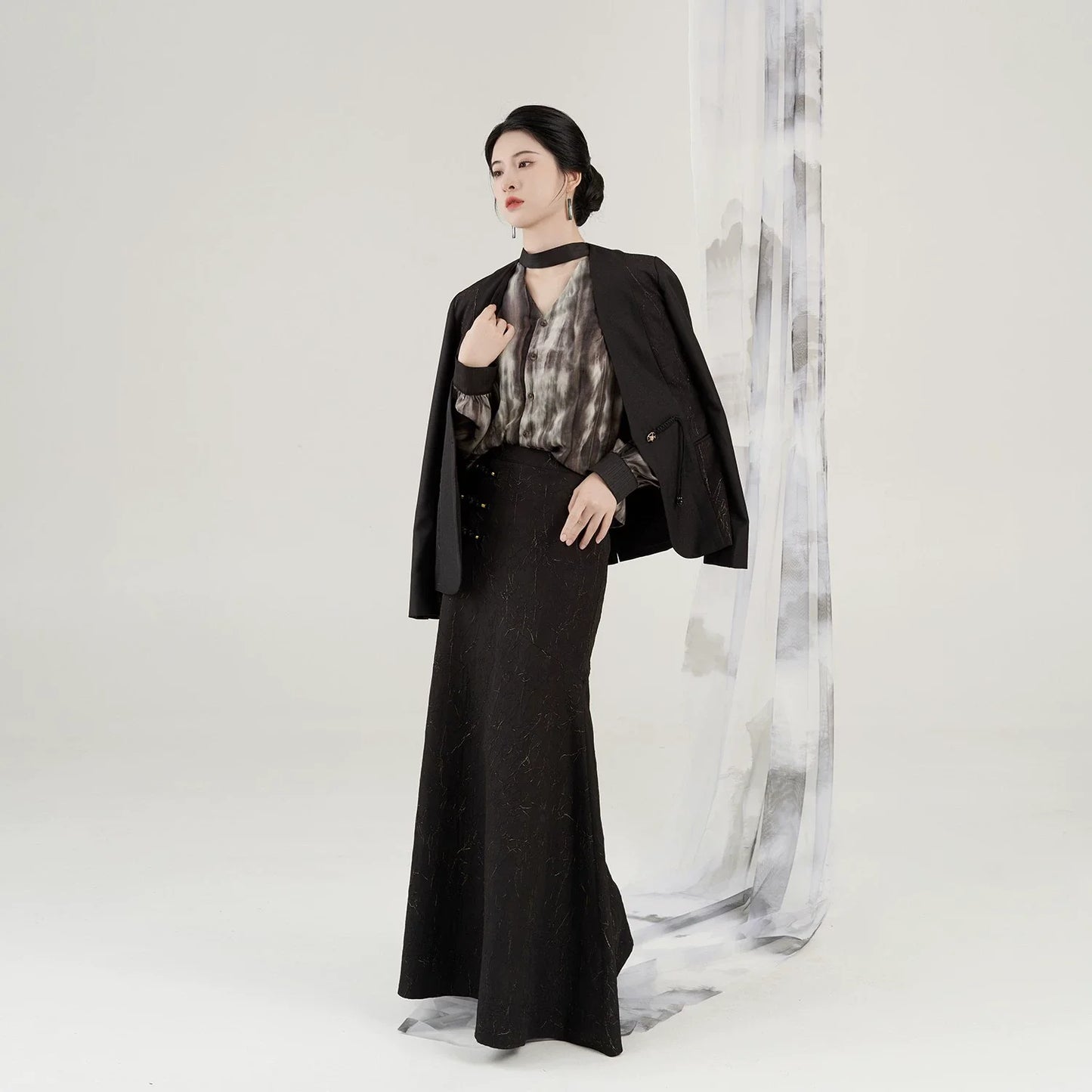 New Chinese Style Women Tailored Blazer Coat, Long Sleeve Shirt & Gold Button Mermaid Skirt - Jiangpu 江浦 (Preorder)