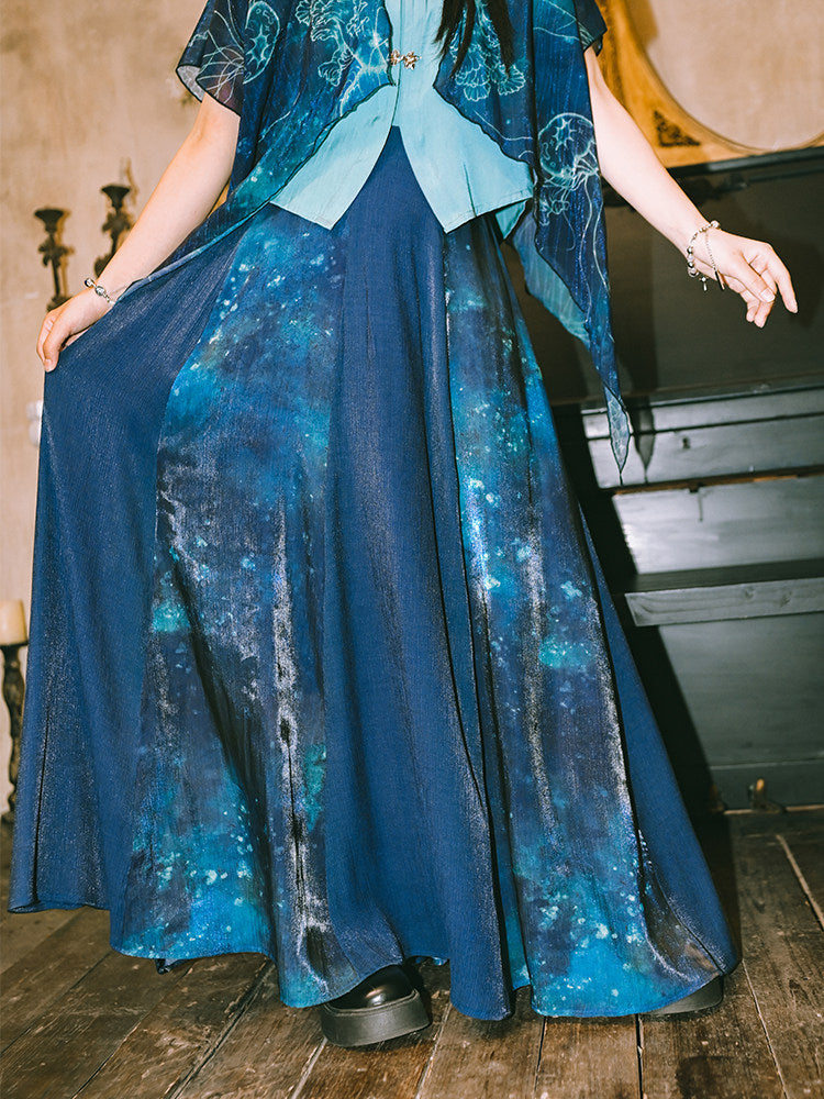 New Chinese Style Flower Bud Skirt - Floating Electric Jellyfish 蓝界浮荧