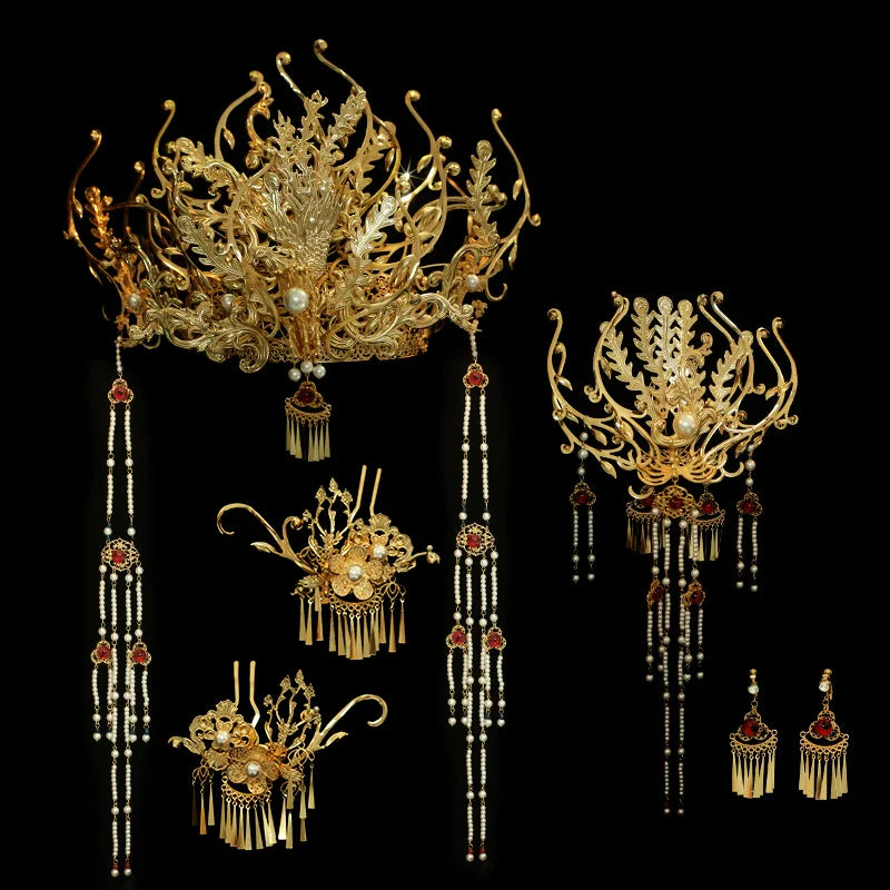 Song of the Golden Phoenix - Crown Bridal Headpiece Long Tassel Chinese Wedding Hair Accessories for Hanfu Bride