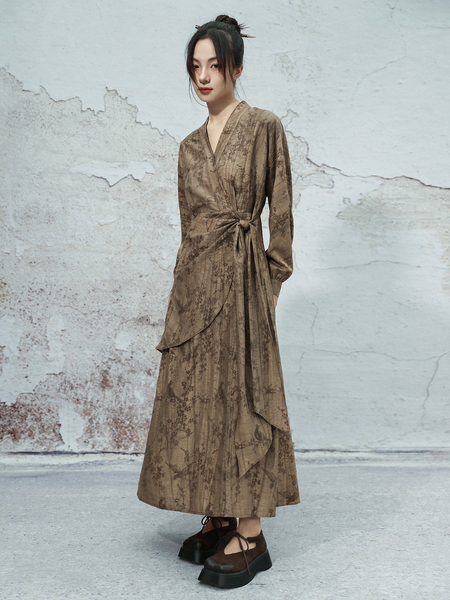 New Chinese Style V Neck Long Sleeve Jacquard Dress