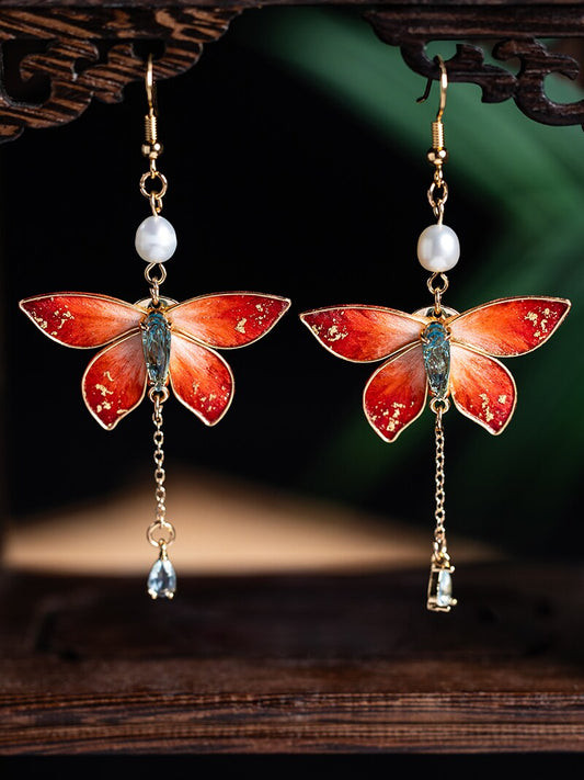 Butterfly tassel velvet flowers earrings - hanfu jewelry — detail