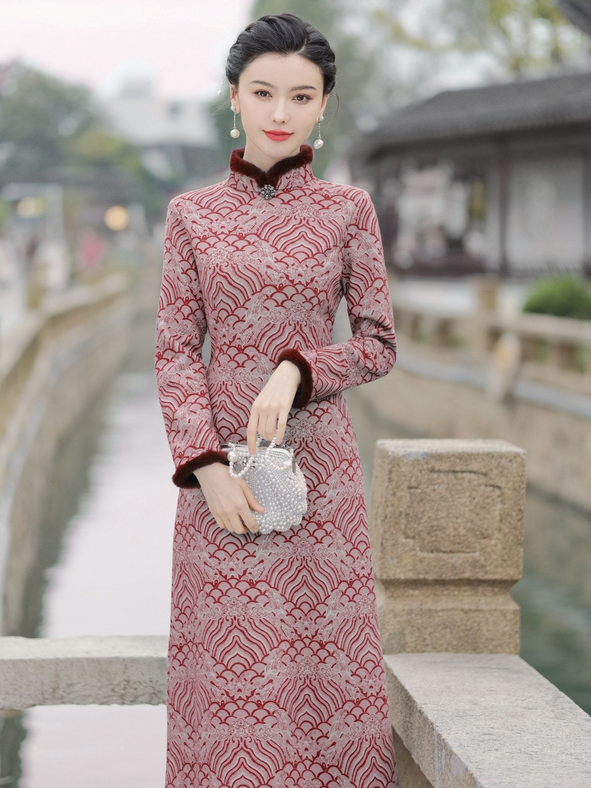 Long Sleeve Fur Trim Oriental Clouds Qipao | Winter Windows