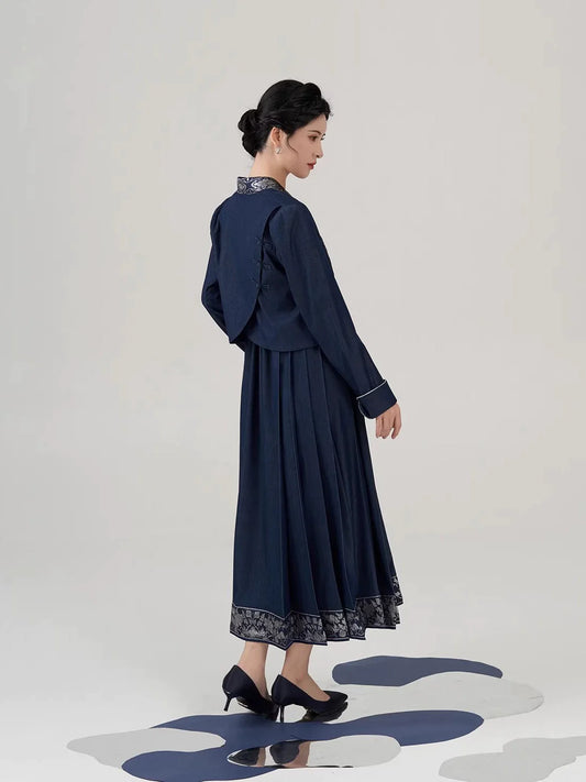 New Chinese Style Women Peony Embroidered Silver Woven Outer Jacket & Mamian Slip Dress - Yinlin 银霖 (Preorder)