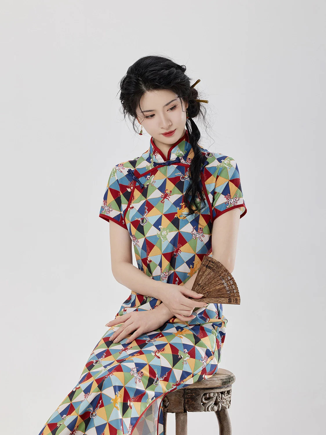 New Chinese Style Short Sleeve Midi Cheongsam Dress - Five Poisons 五毒图 (Preorder)