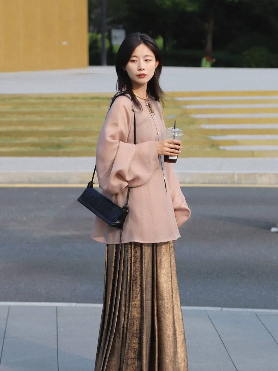 Chongyu 重羽 - Round Collar Loose Autumn Hanfu Shirt with Elastic Mamianqun
