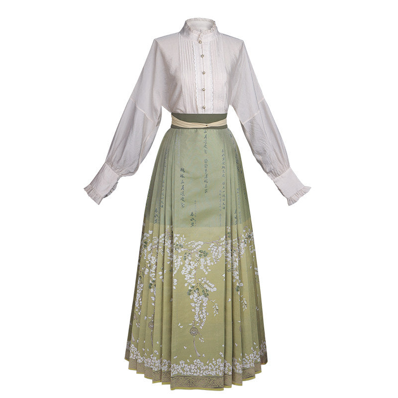 Ming Dynasty Modern Hanfu Long Sleeve Shirt with Mamianqun - Acacia Flower 咏槐花