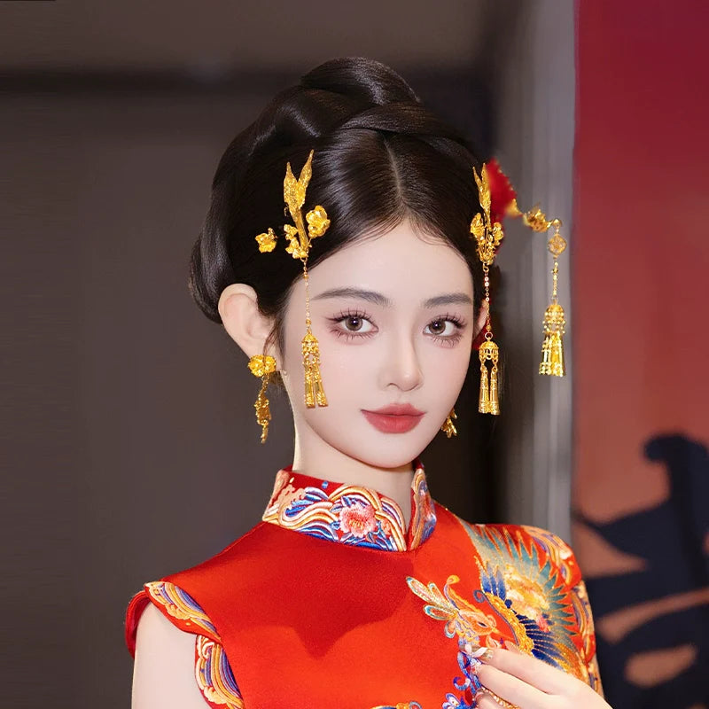 Phoenix Bloom - Chinese Bridal Hair Accessories Set Luxury Gold Dragon Phoenix Tassel Hairpins for Xiuhe and Qun Kwa Wedding Dress