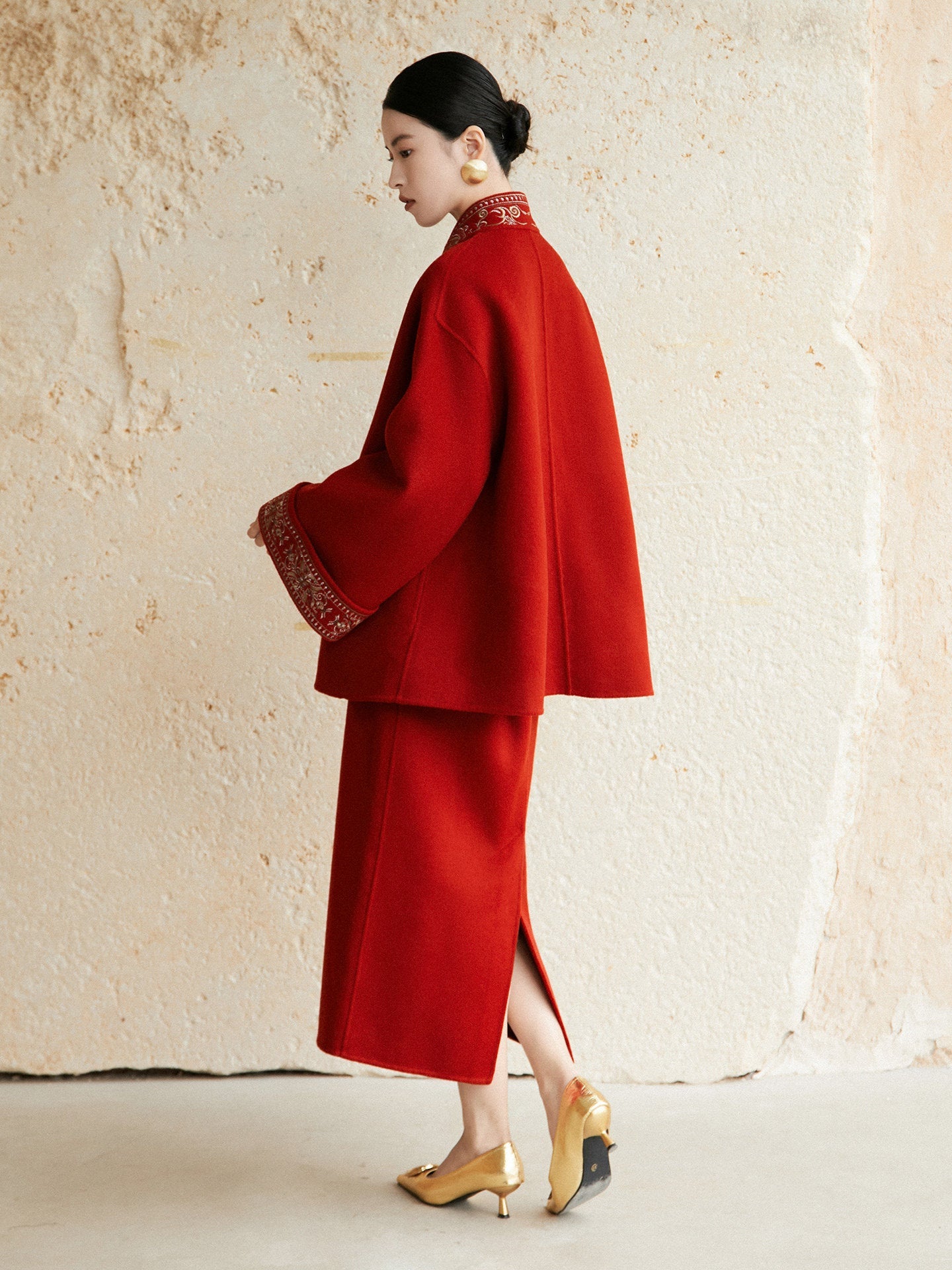 Festive Hanfu Wool Coat for Engagement, Tea Ceremony or Chinese New Year - Jujube Red 岁丰