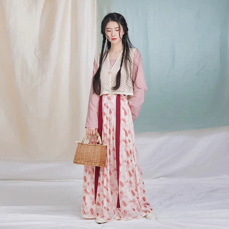 Tang Dynasty Modern Hanfu Set with Beizi Overlay & Pleated Wrap Skirt - Raspberry 树莓 (Preorder)
