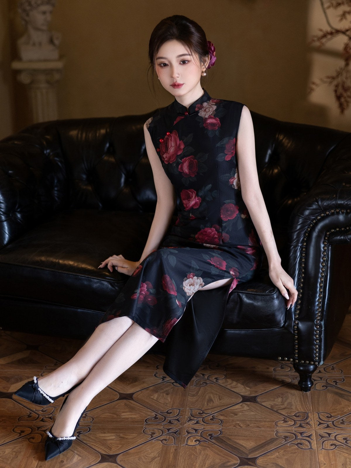 Sleeveless Floral Midi Cheongsam | Night Rose