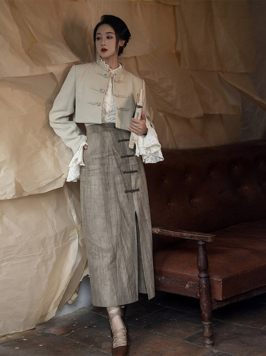 New Chinese Style Women Cropped Blazer & Skirt - Twilight 暮色 (Preorder)
