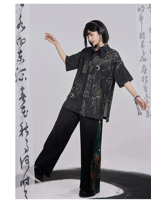 Bronze 青铜 - New Chinese Style Printed Shirt Wide Leg Pants Outfit