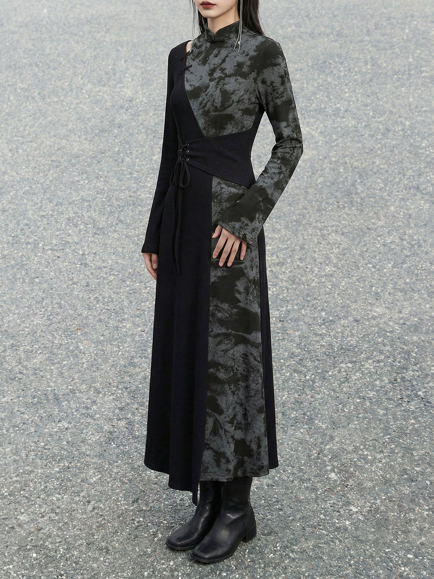 New Chinese Style Black Cotton Long Sleeve Dress (Preorder)