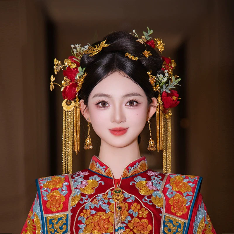 Crimson Phoenix Whisper - Red and Gold Phoenix Bridal Hairpin Vintage Chinese Wedding Headpiece