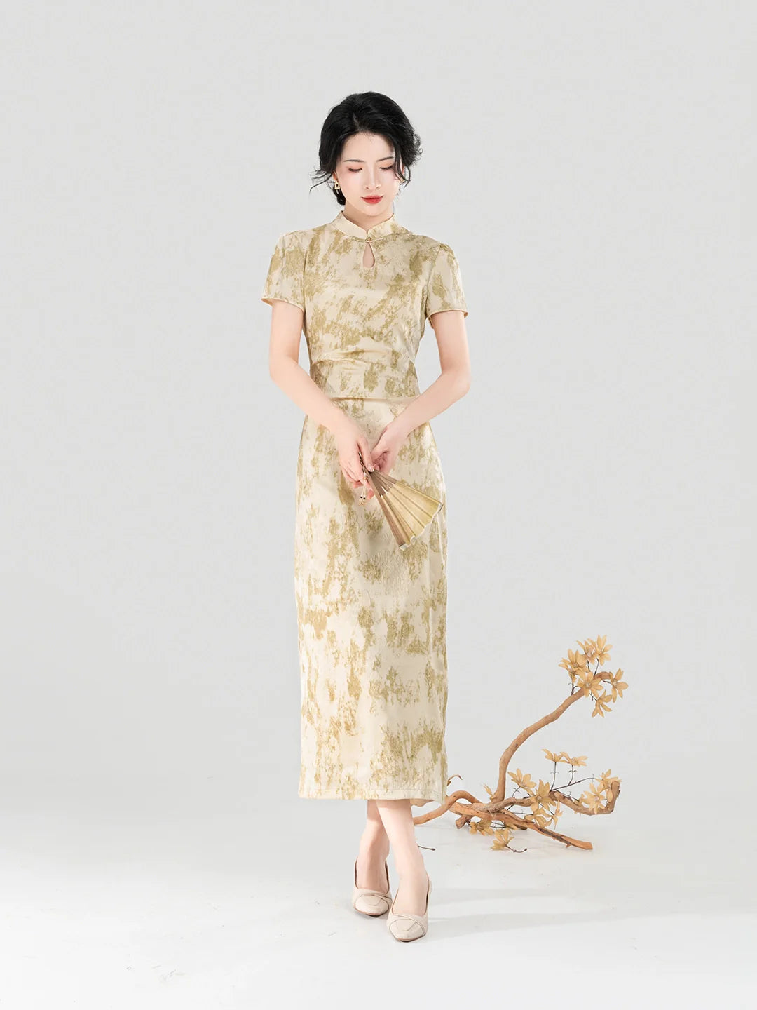 New Chinese Style Short Sleeve Qipao Summer Dress - Apricot Branch 杏枝 (Preorder)