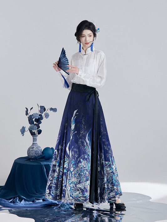 Ming Dynasty Modern Hanfu Long Sleeve Top and Mamian Skirt - Sparkling Jade 好多翠