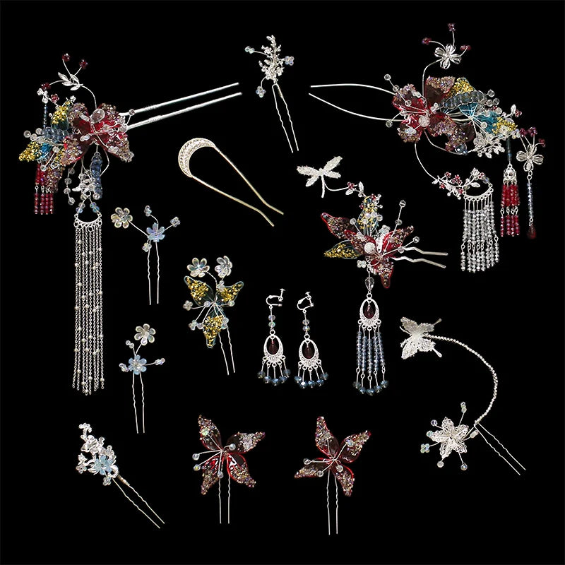 Moonlight - Silver Butterfly and Red Flower Bridal Hairpin Traditional Chinese Wedding Hair Accessories