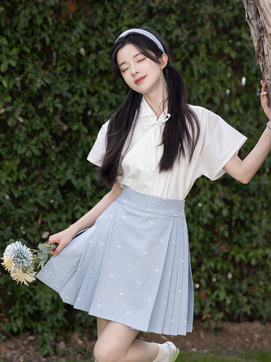 New Chinese Style Short Sleeve Top and Mini Mamianqun - Island Listening to the Wind 岛屿听风