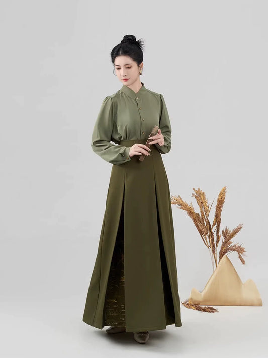 Song Dynasty Modern Hanfu Set with Long Sleeve Top and Three Pleat Skirt - Maisui 麦穗 (Preorder)