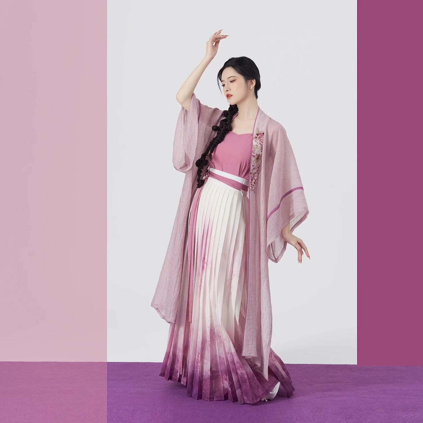 Song Dynasty Modern Hanfu Set with Changgan Temple Beizi and Wrap Skirt - Pink Carved Jade 粉雕玉琢 (Preorder)