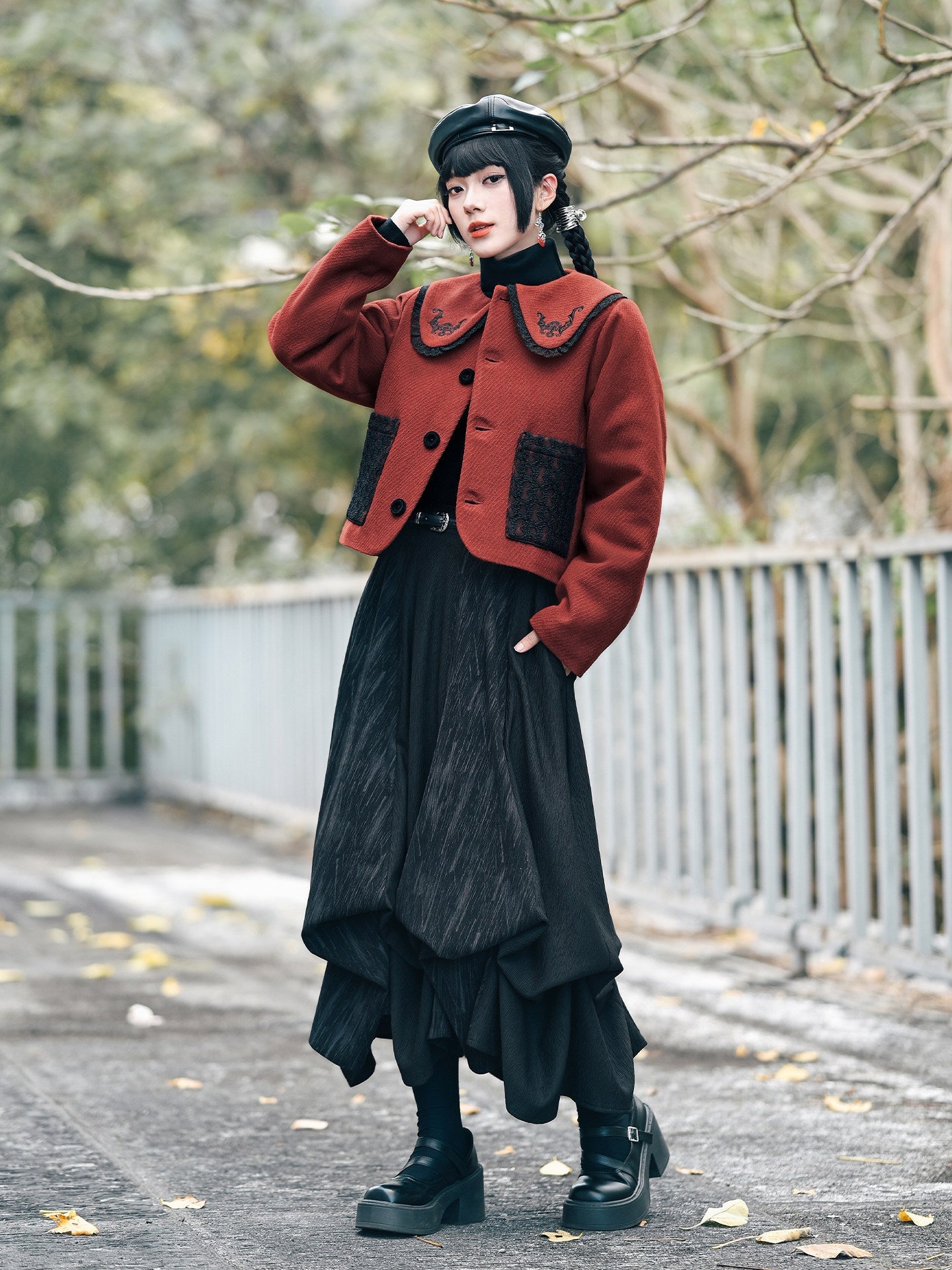 New Chinese Style Red and Black Doll Collar Short Jacket - Lucky Bat 福蝠