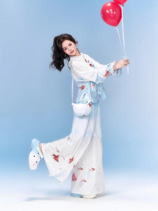 Neo-Chinese Goldfish Print Hooded Sun Jacket & Wide-Leg Pants 金鱼冰沙