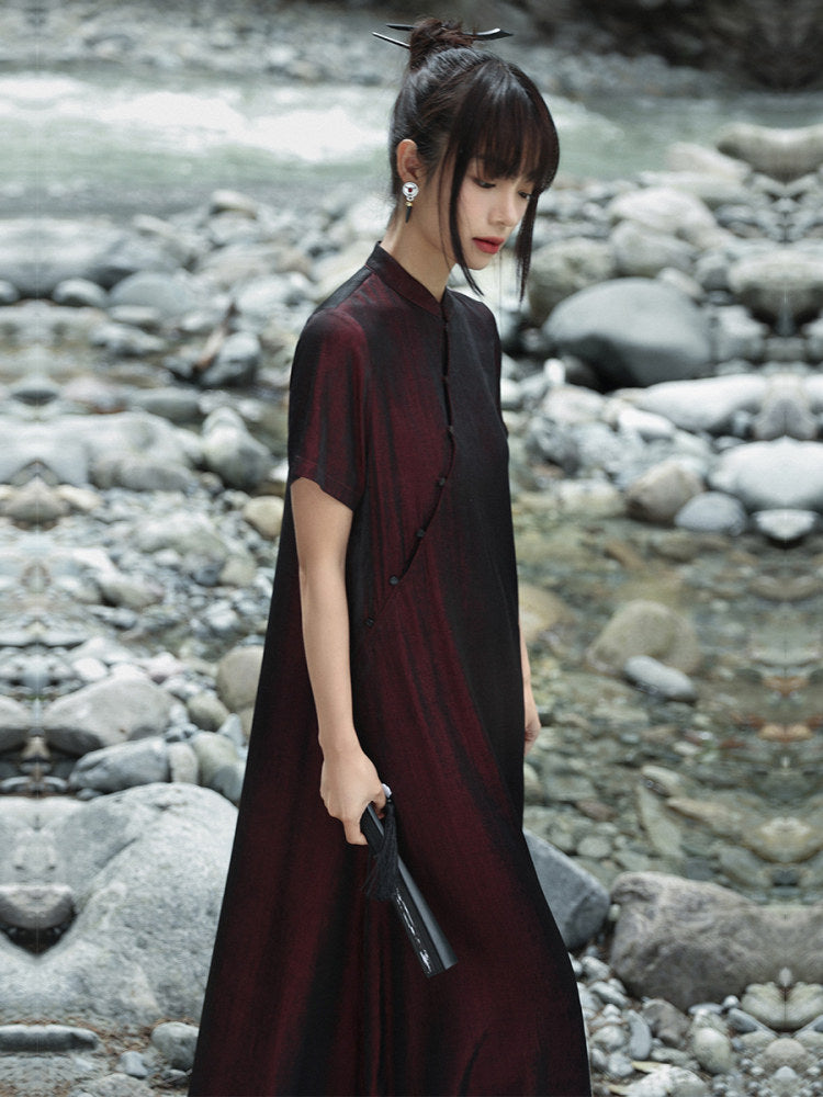 New Chinese Style Burgundy Cheongsam Dress - Chilan 赤阑