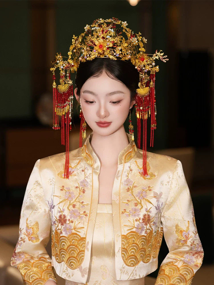 Golden Phoenix Grace - Luxury Phoenix Crown Bridal Headpiece Red Tassel and Gold Flower Chinese Wedding Hair Accessories for Xiuhe Dress