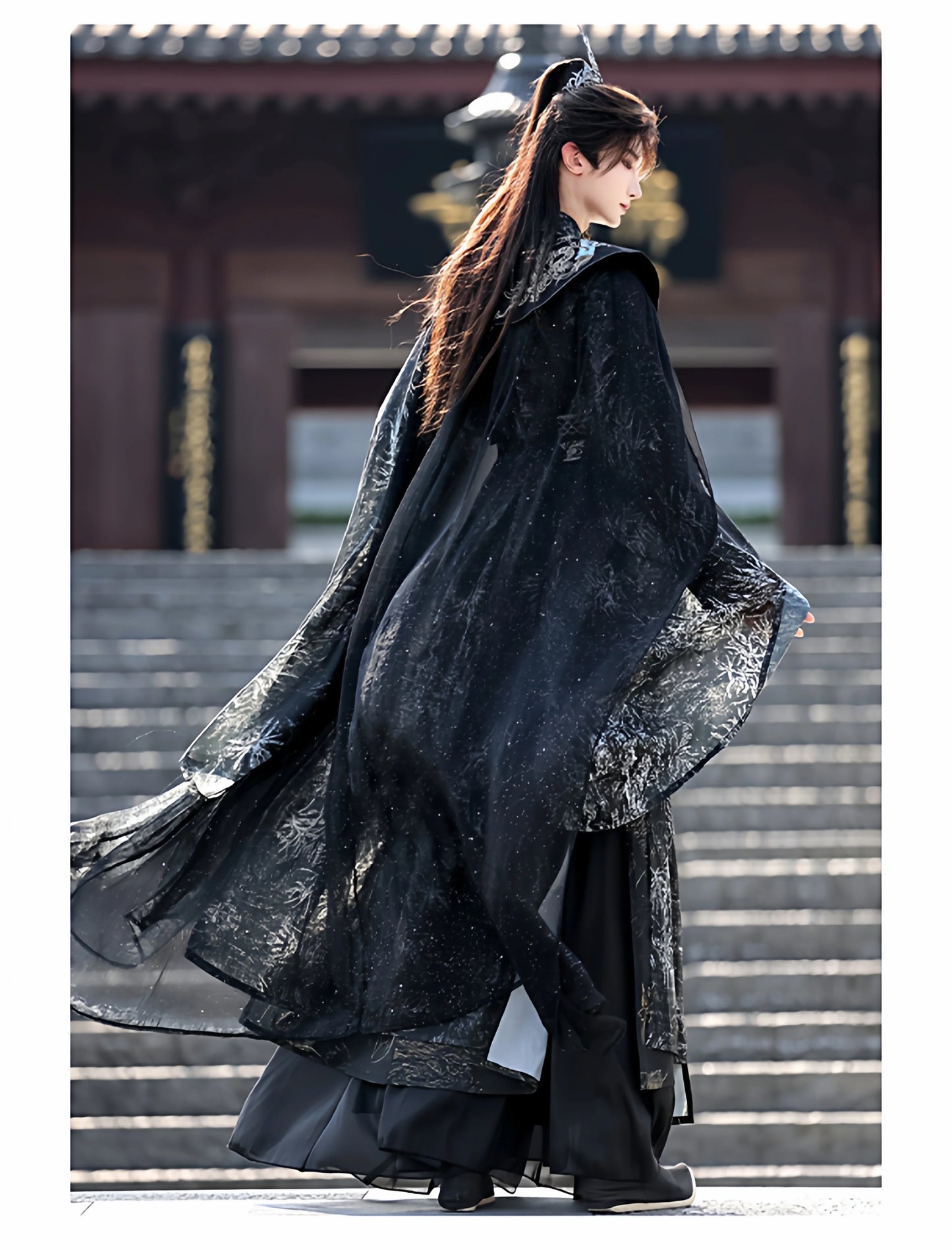 Night Ink Sovereign 夜墨青王 - Unisex Hanfu Cloak Robe in Dark Immortal Style, Song-Inspired Chinese Outfit