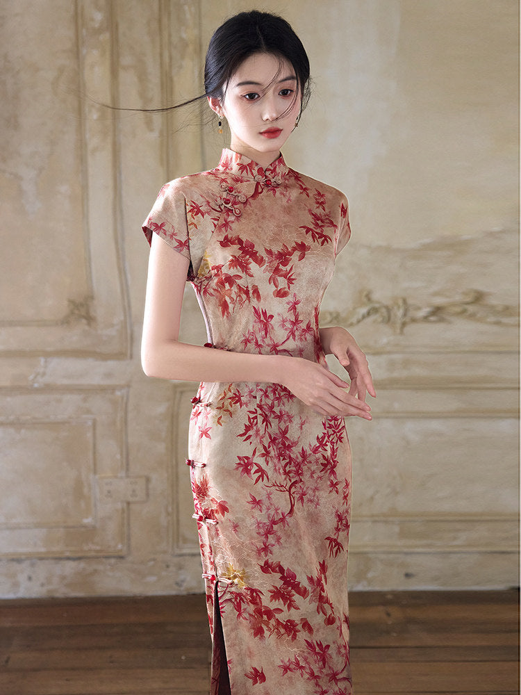 Short Sleeve Floral Midi Cheongsam | Mid Autumn