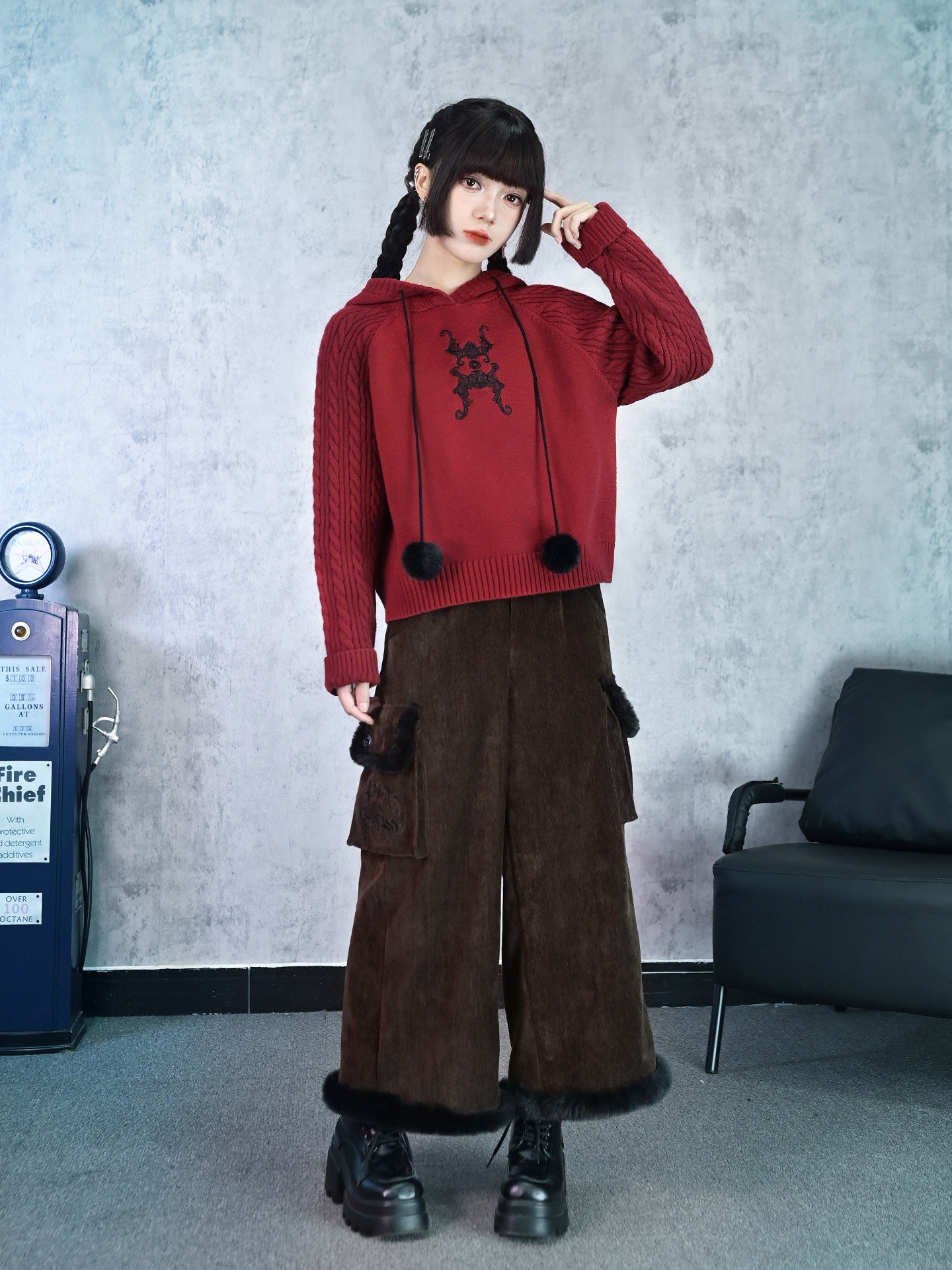 New Chinese Style Embroidery Red Cropped Hooded Sweater - Lucky Bat 福蝠