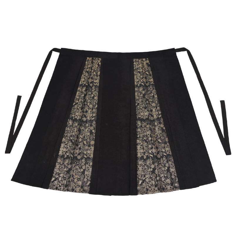 Ming Dynasty Modern Hanfu Black Gold Thread Embroidered Mamian Skirt & Crop Jacket | Niannian 年年