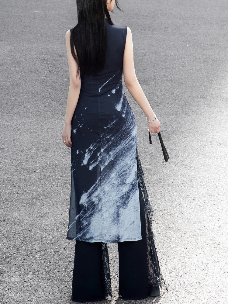 New Chinese Style Meteor Knitted Cheongsam Sleeveless Dress - Night Galaxy 暗夜星河 (Preorder)