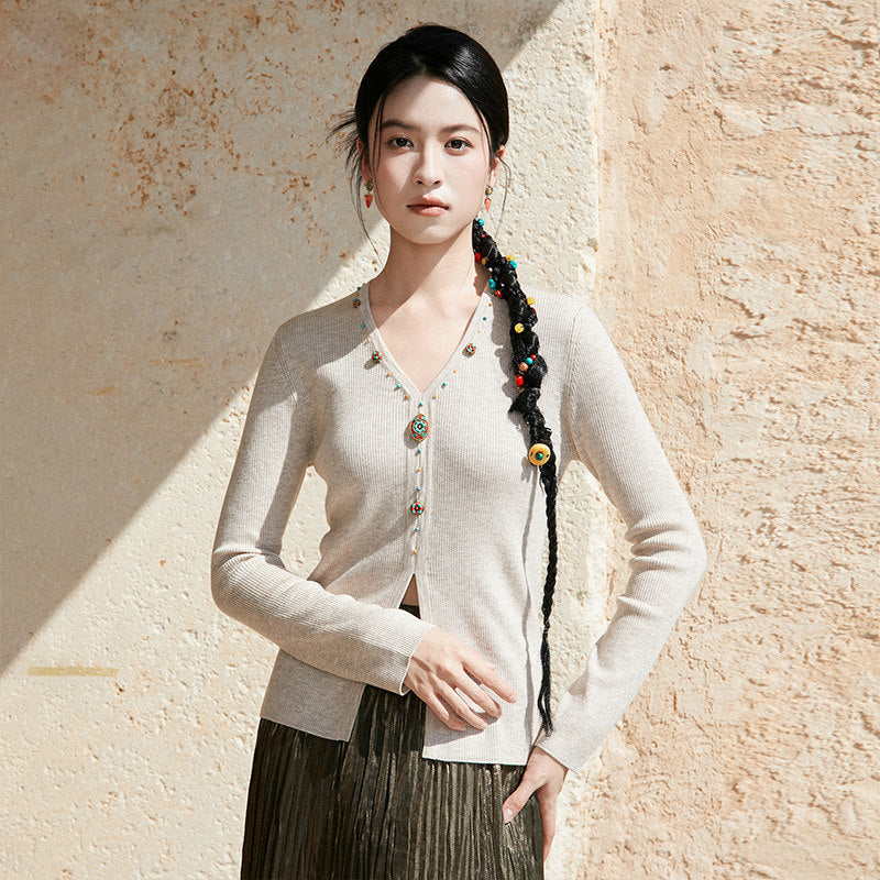 New Chinese Style V-Neck Knitted Cashmere Blend Sweater - Zhuozhuo 灼灼