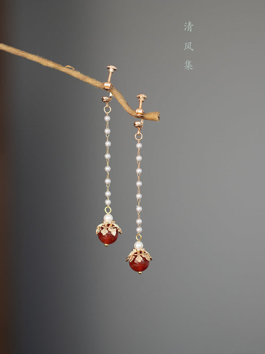 Red Agate Ancient Motif Earrings | Hanfu Jewelry