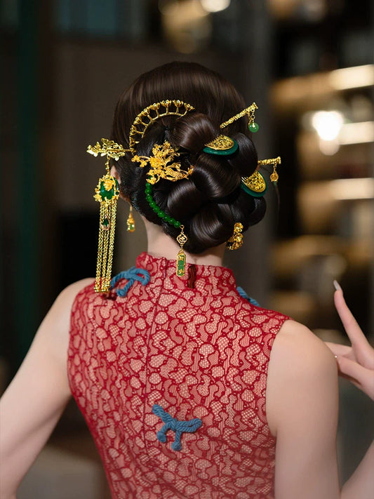 Vintage Gold Butterfly - Bridal Hairpin Set Chinese Wedding Tassel Hair Accessories for Xiuhe Dragon Phoenix Dress