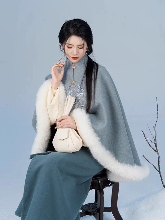 Song Dynasty Modern Hanfu Set with Embroidered Cape and Spiral Skirt - Yuxue 喻雪 (Preorder)