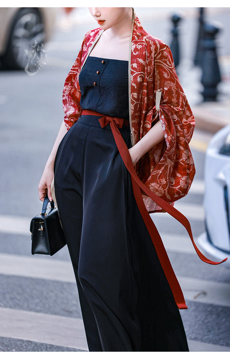 Modern Chinese Style Hanfu Outfit Cardigan & Camisole with Song-Style Trousers - Vermilion Bird 朱雀 (Preorder)