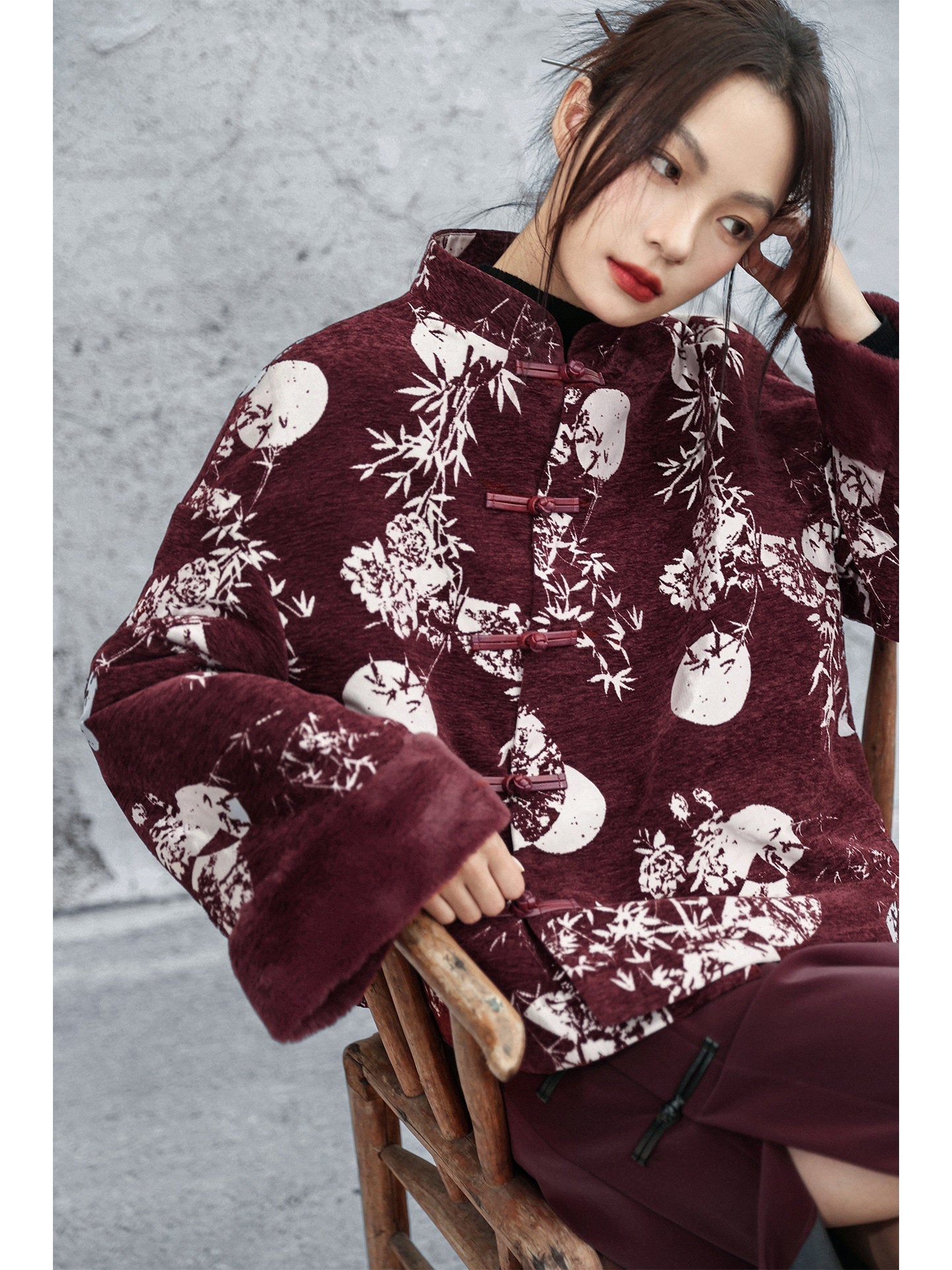 New Chinese Style Bamboo Leaf Full Moon Chenille Winter Jacket - Chixiao 赤霄