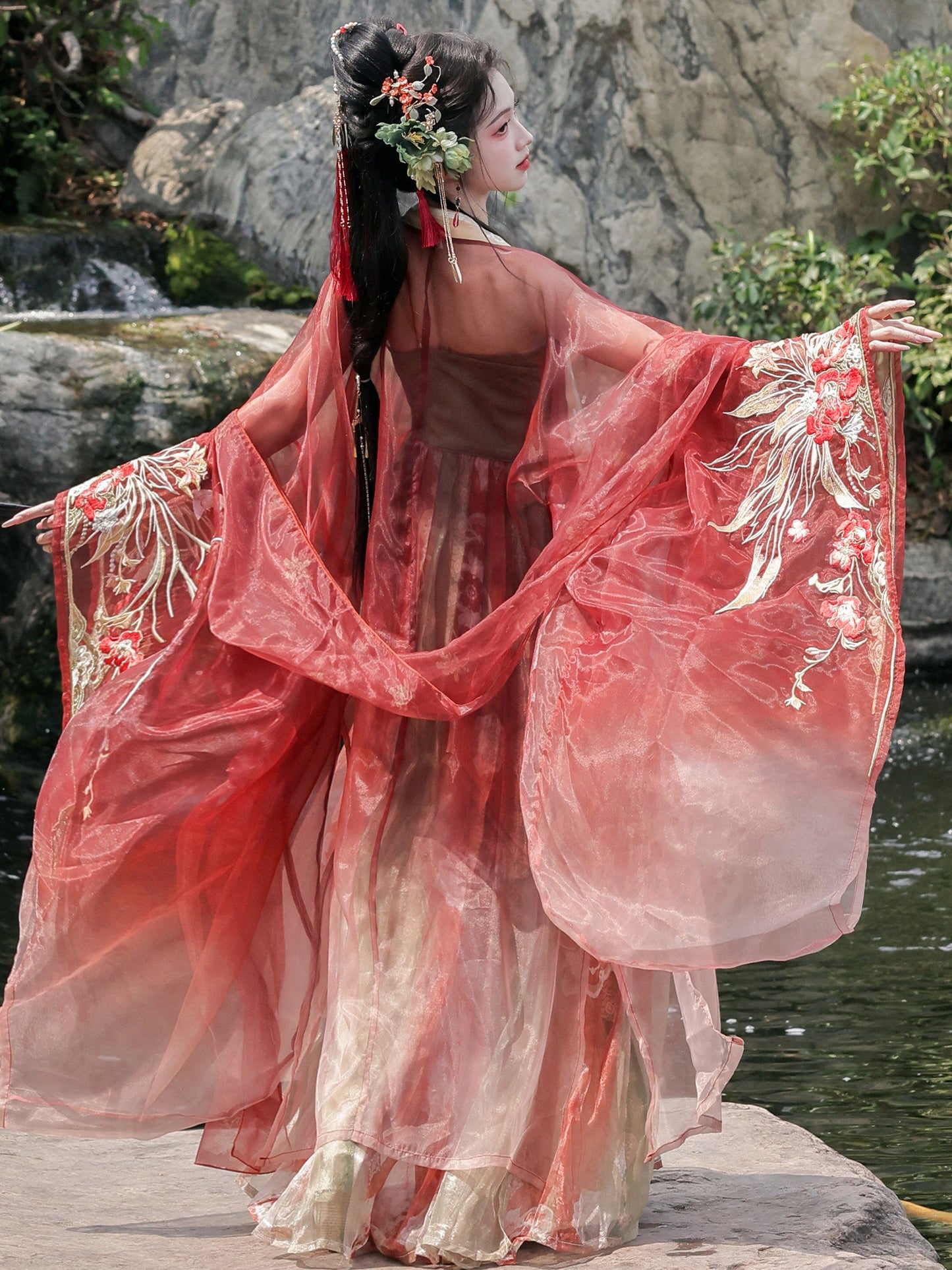 Zan Hong | Festive Red Hanfu Set with Embroidered Qixiong Dress and Wide Sleeve Cardigan