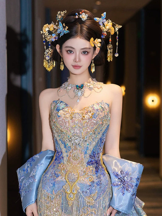 Dreamy Blue Butterfly Bridal Headpiece Chinese Wedding Hair Accessories for Xiuhe and Qun Kwa Bride