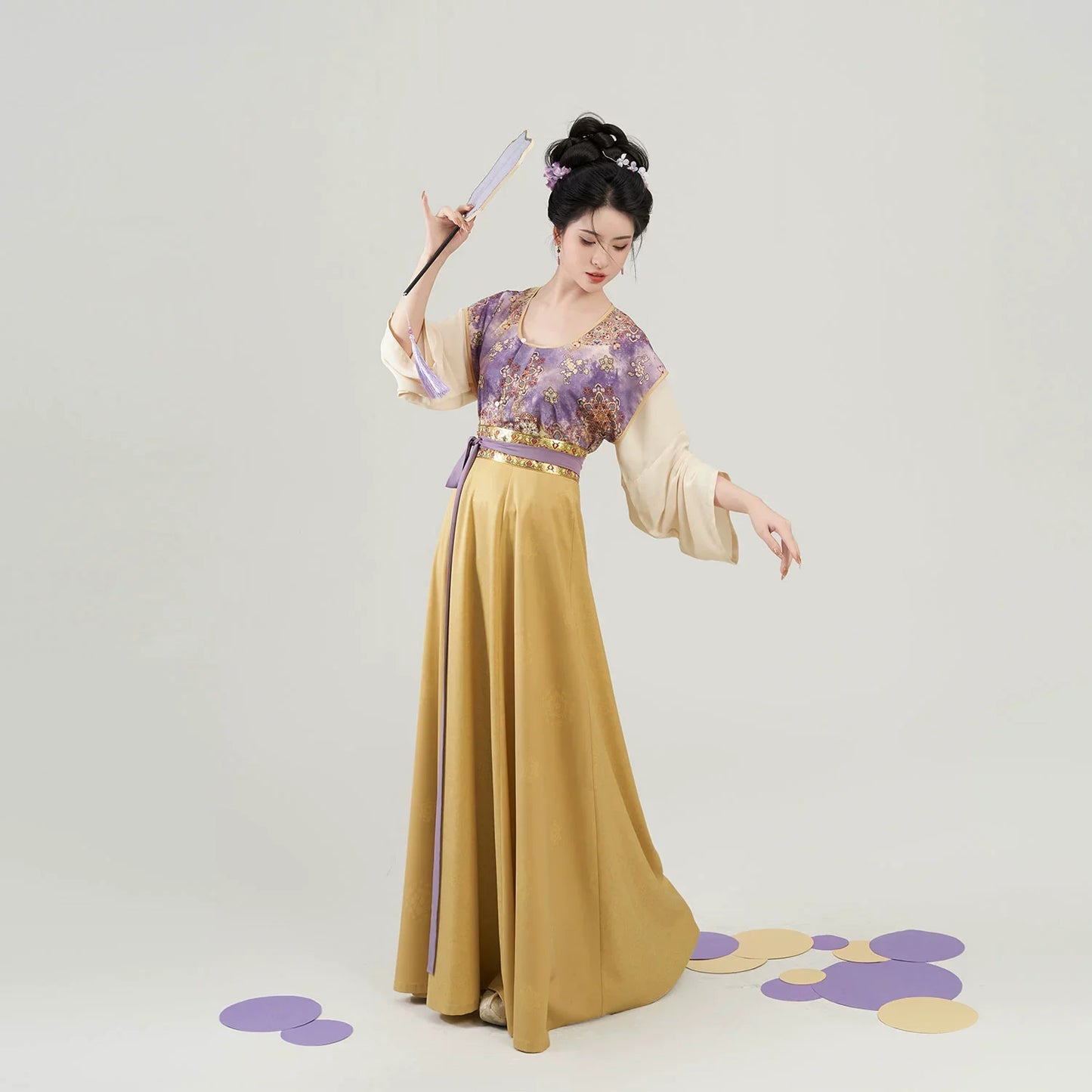 Tang Dynasty Modern Hanfu Set with Beizi Overlay & Flowing Eight-Panel Skirt - Taro Paste Egg Yolk 芋泥蛋黄 (Preorder)