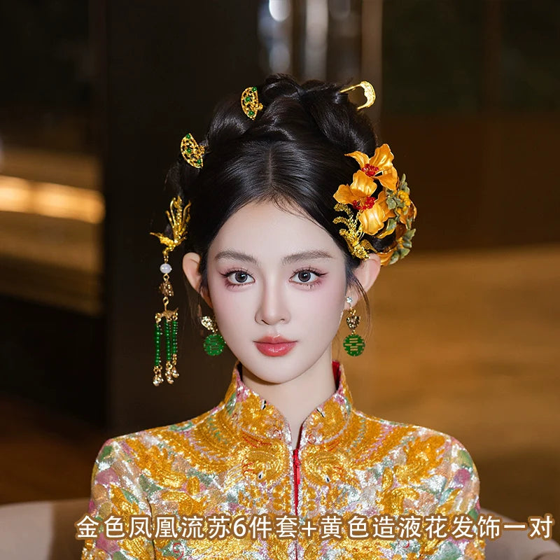 Golden Flower Phoenix Bridal Hairpin Tassel Chinese Wedding Hair Accessories for Hanfu Bride